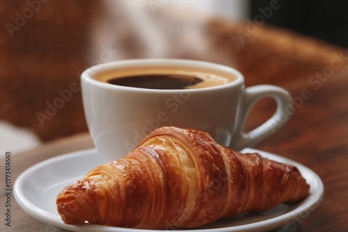 Enjoying Coffee and Croissant at a Cafe in the Morning Light