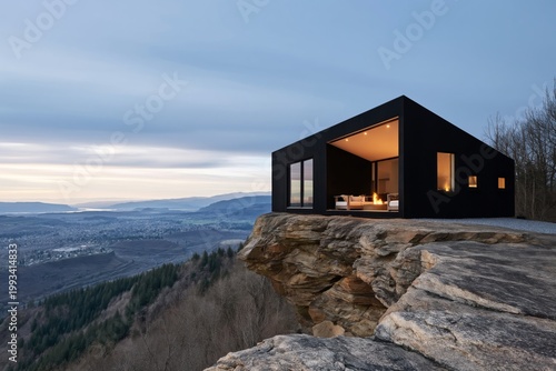 Modern House on Cliff Edge Overlooking Valley and Mountains During Twilight