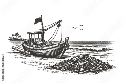 Traditional fishing boat with nets by the sea, illustrated in detailed hand drawn engraving style capturing coastal life.