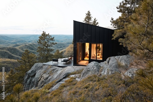 Modern House Sits on Cliff in Mountain Landscape During Evening Light Near Fo...