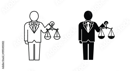 A stark black and white depiction shows two figures holding scales of justice representing duality and legal balance