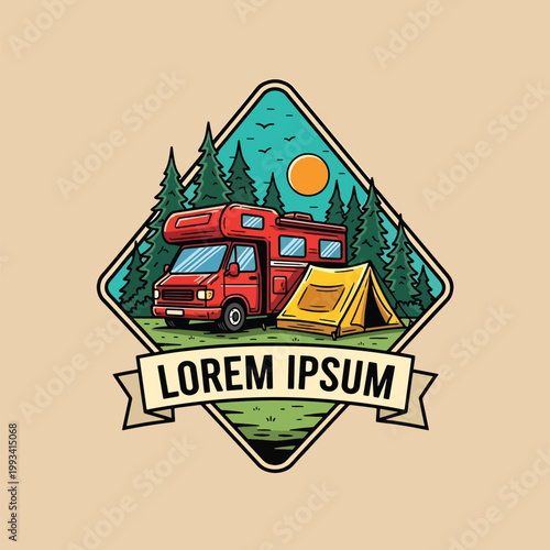 Vintage Outdoor Adventure Badge featuring a Red Motorhome and Yellow Tent in a Pine Forest.