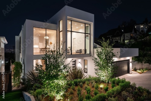 Modern House With Bright Lights at Night in a Quiet Neighborhood