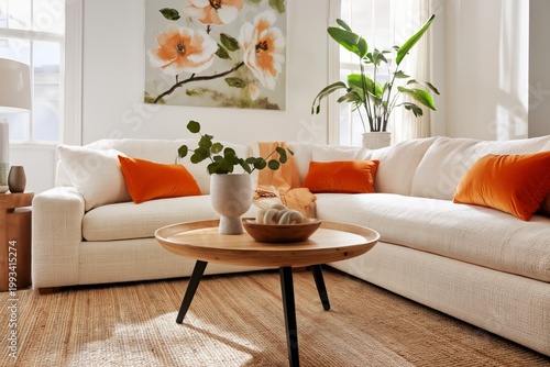 Cozy Living Room With Soft Couch and Table in Bright Natural Light During Day...