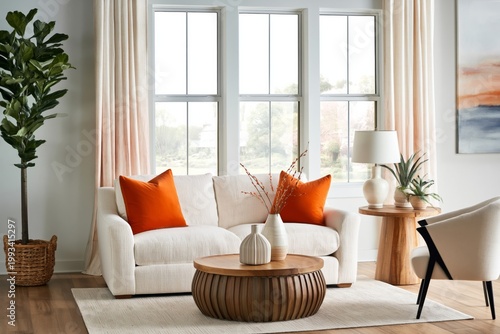 Cozy Living Room With Soft Couch and Table in Bright Natural Light During Day...