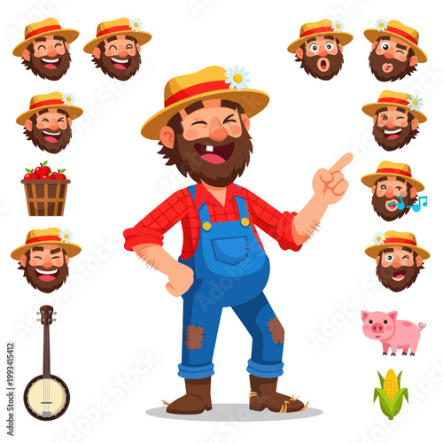 Happy Farmer Character with Emotions and Farm Elements Set
