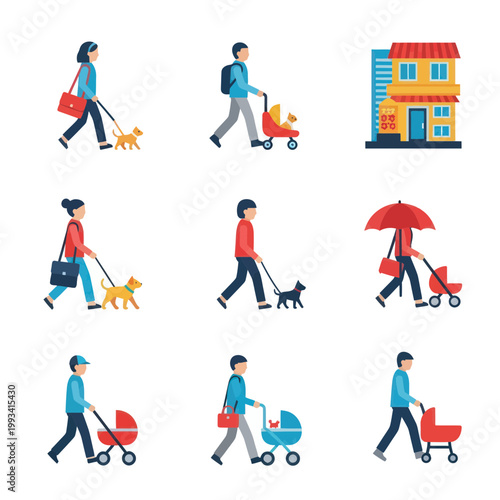People Walking Pets and Strollers, City Life Flat Icons