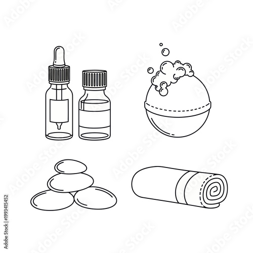 Spa and Wellness Icons: Bath Bomb, Essential Oils, Stones, Rolled Towel