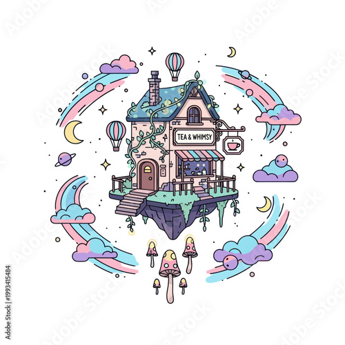 Whimsical Floating Tea House with Rainbows and Hot Air Balloons