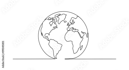 Minimalist single line drawing of planet earth on a white background