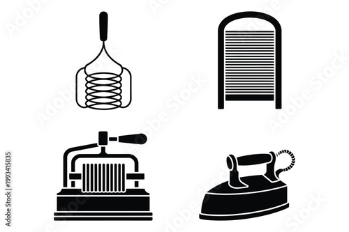 Vintage kitchen appliances vector icons: potato masher washboard grater iron