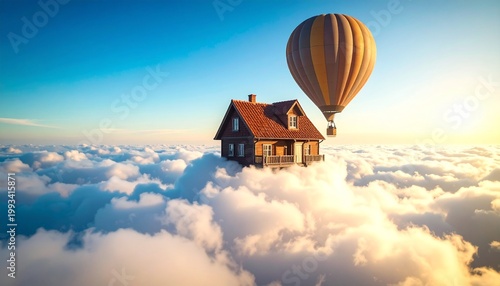 雲の上に建つ家へ熱気球で配達に来る郵便屋さんのシュールな風景