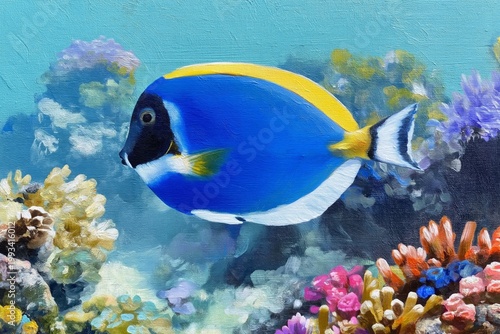 Bright Blue Fish Swimming Among Colorful Coral in a Vibrant Underwater Scene