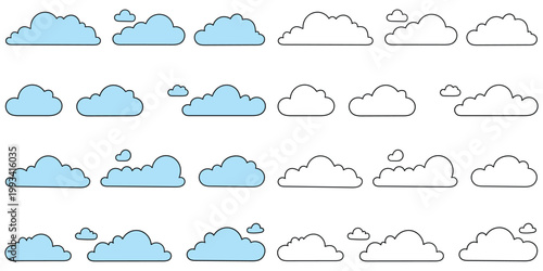 Hand-drawn cartoon and doodle set of clouds on a white background.