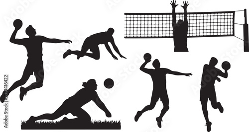 Volleyball players, black silhouettes, athletic poses, sports icons, vector graphics