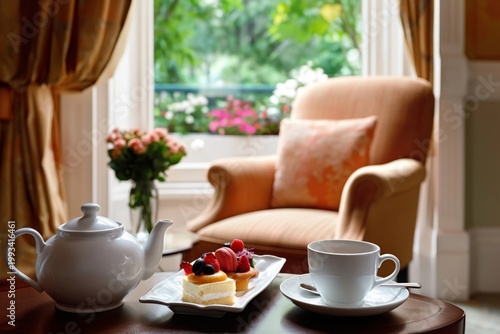 Enjoying Tea in a Cozy Setting With Dessert and Flowers at a Window