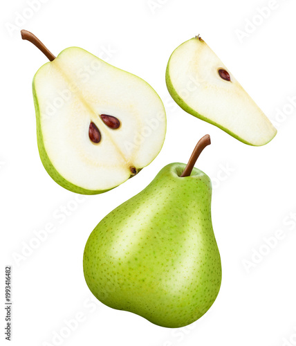 Falling green pears isolated on white background