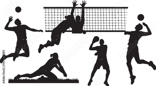 Volleyball players, volleyball silhouettes, sports icons, athletic actions, black vector graphics
