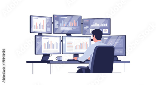 Data Analyst Monitoring Multiple Computer Screens with Graphs and Charts
