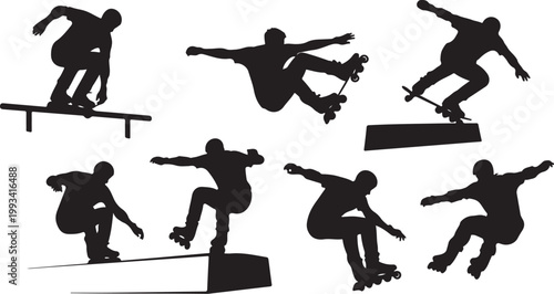 Skateboarding silhouettes, skateboarder icons, black vector graphics, action sports illustrations, extreme skate park designs