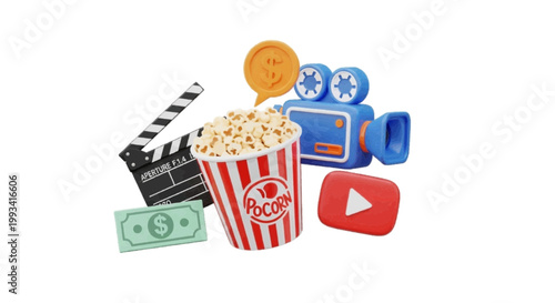 Vector illustration of 3d movie icons with popcorn and money on a transparent background