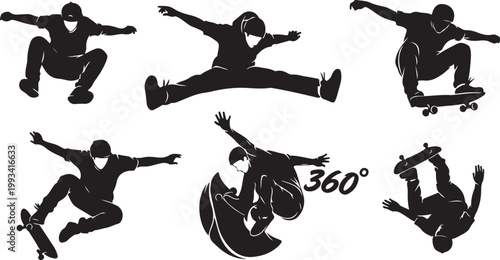 Skateboard, skateboarder, black silhouette, vector icons, 360 degree, stunts, tricks, sports graphics