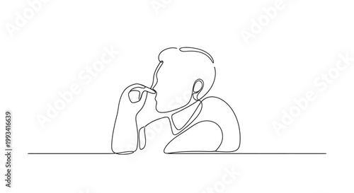 Minimalist line art of a person thinking, finger on lips, contemplative pose, isolated on white background