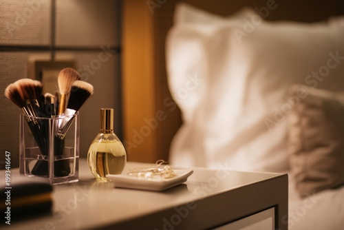 Makeup Brushes and Perfume on a Table in a Bedroom During the Evening Hours