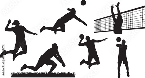 Volleyball, black silhouettes, athletic poses, sports icons, vector graphics