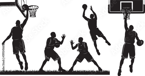 Black silhouette basketball players, athletic poses, sports illustrations, vector graphics