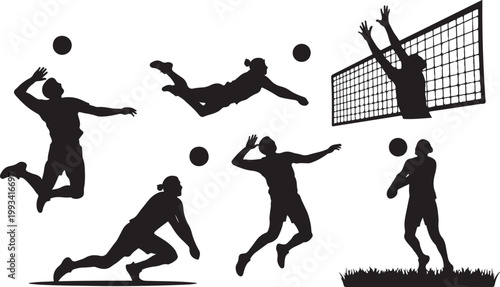 Volleyball player silhouettes, black vector icons, athletic poses, sports illustrations, volleyball graphics