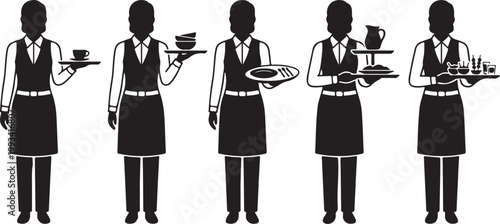 Silhouettes of waiters serving food and drinks with restaurant hospitality catering waitress