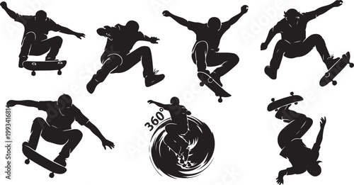 Black skateboarder silhouettes, 360 tricks, skateboarding icons, vector graphics