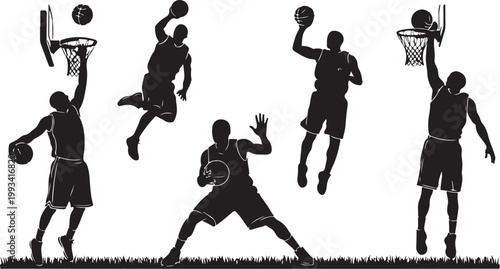 Black silhouette basketball players, jumping, dunking, and playing, sports vector icons set