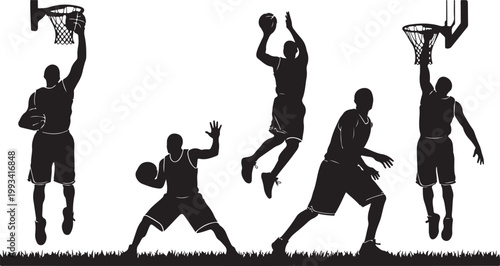 Basketball players, black silhouettes, sports icons, athletic actions, vector graphics