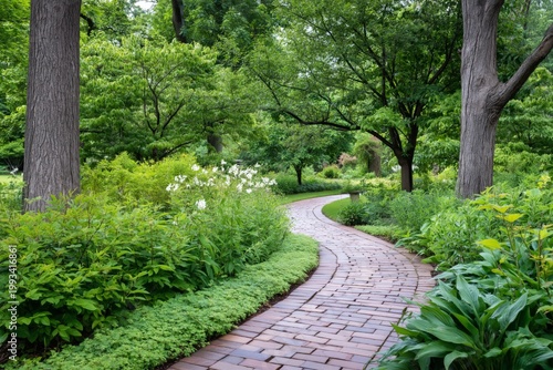 Winding Brick Path in a Lush Green Garden With Tall Trees and Shrubs