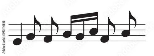 Group of black musical notes placed on horizontal staff lines creating a simple melody for teaching purposes.