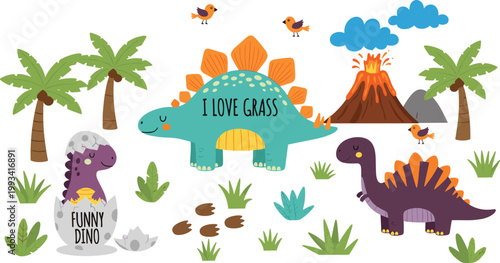 Cute Dinosaur Cartoon Scene Featuring Stegosaurus Volcano Palm Trees and Prehistoric Elements for Kids Illustration and Fun Jurassic Design.
