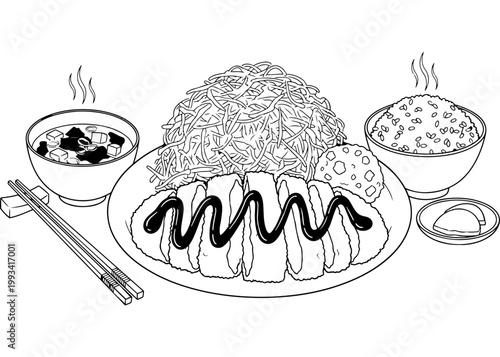 Fried cutlet or fish cake served with rice and side salad coloring page for adults and children vector line art illustration of a complete meal for restaurant menu and cookbook graphic design.