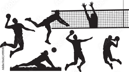 Volleyball, black silhouettes, athletic poses, sports icons, vector graphics