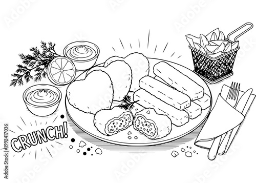 Crispy chicken nuggets with dipping sauce and side salad coloring page for kids and adults relaxation fast food vector line art illustration for restaurant menu and school art projects design.