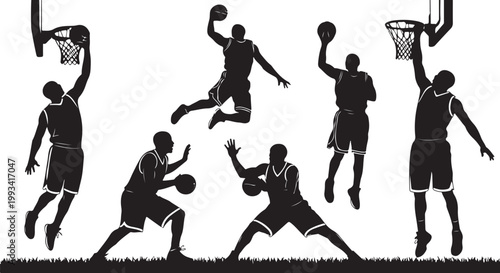 Black silhouette basketball players, athletic poses, sports icons, vector graphics