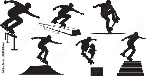 Skateboarding silhouettes, skateboard tricks, black icons, vector graphics, sports illustrations