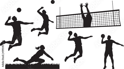 Volleyball, black silhouettes, athletic poses, sports icons, vector graphics