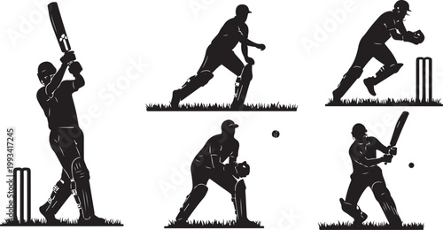 Cricket player silhouettes, black cricket icons, sports illustrations, athletic poses, vector graphics