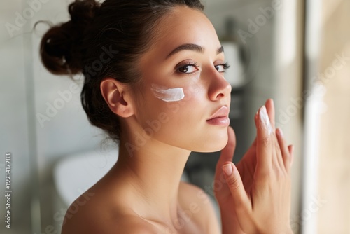 Woman Applying Cream to Her Face in a Bright Bathroom Mirror During Morning R...