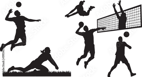 Volleyball, black silhouettes, athletic poses, sports icons, vector graphics