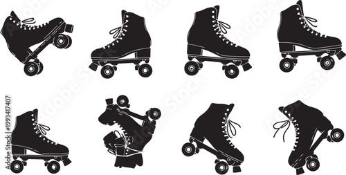 Black roller skates, roller skates icons, skate silhouettes, inline skates, wheel sports equipment