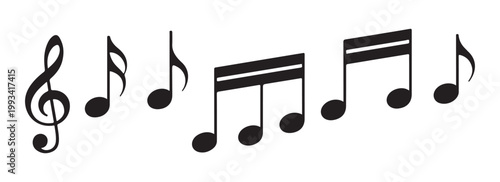 Treble clef and diverse musical notes collection on transparent background for creative graphic design projects.