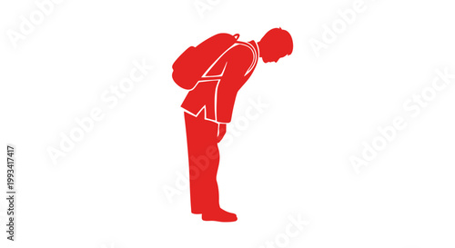 Man bending over with backpack on shoulder.